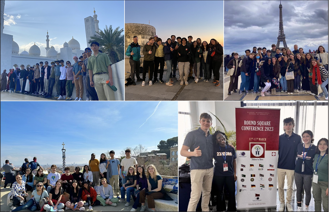 From top left to bottom right: students pose in front of sights in Dubai, Croatia, Paris, Barcelona, and Morocco.