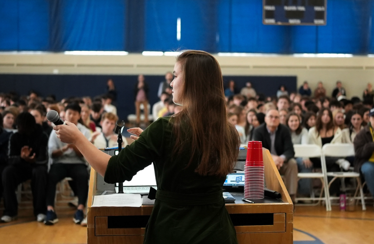 Caroline Dudzinski ’26 presents on her family’s military service. (Photo Courtesy of Katy Varadi)
