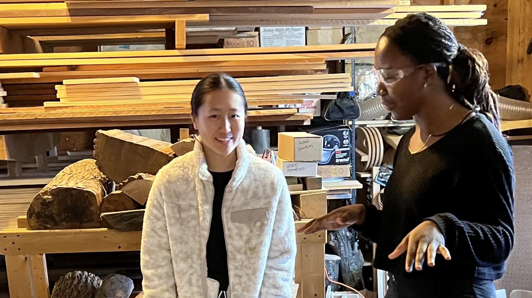 Julia Wang and Lauyanne Kouame (both ’26) continue with woodworking as seniors. (Staff Photo by Yancheng Zhao)