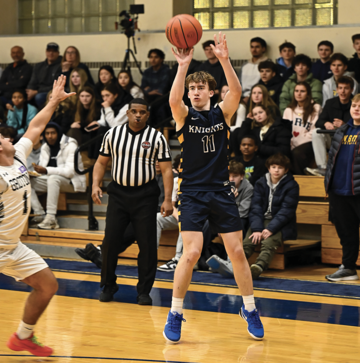 BVBB forward Andrew Green ’28 rises for a step-back 3-pointer during the Feb. 6 Winter Athletics Carnival. (Staff Photo by Tristan Ko)