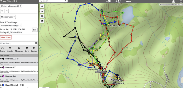 Garmin software displays students’ locations on the map and compass course. This year each group used new tracking devices.